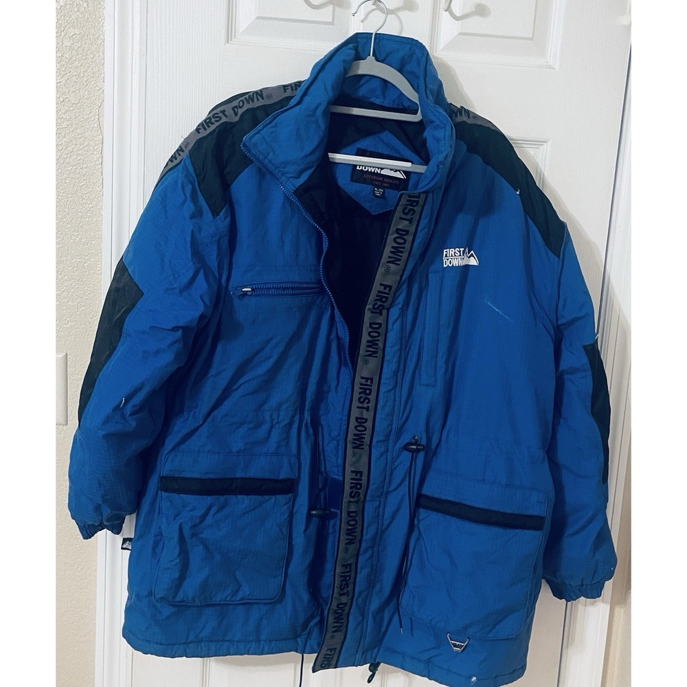 First Down Goose Down Puffer Jacket Men's Size XLarge Full Zip Button Blue